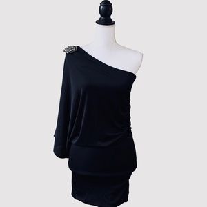 UMGEE ONE SHOULDER RUSHED BODYCON BLACK PARTY DRESS